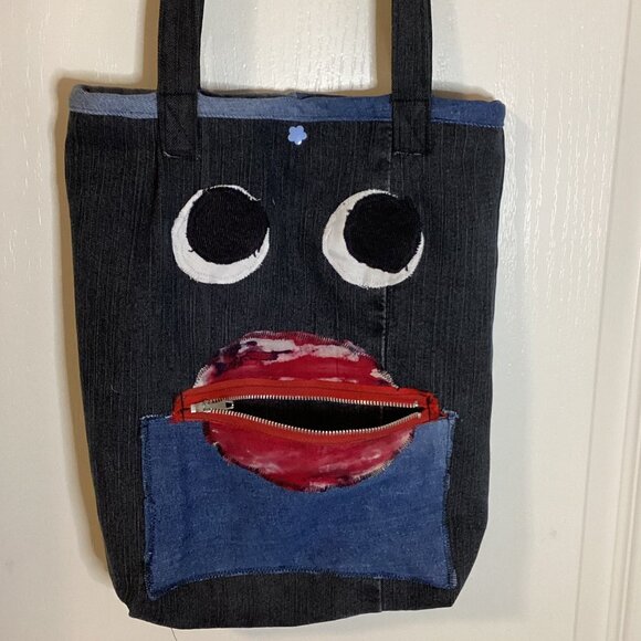 Handmade Small Denim Tote Shoulder Bag With Face Cute Core Hippie Y2K - Picture 1 of 5